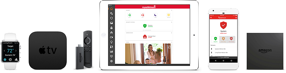 lineup of devices that can use the mySafetouch app including iwatch, ipad, apple tv, and Amazon stick