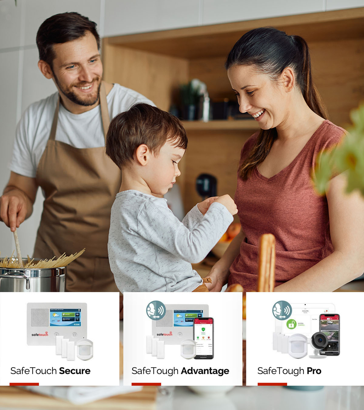 family in kitchen and safetouch plans