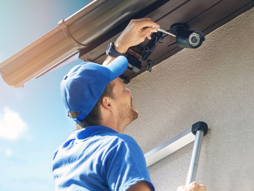 Worker installing security cameras on a home